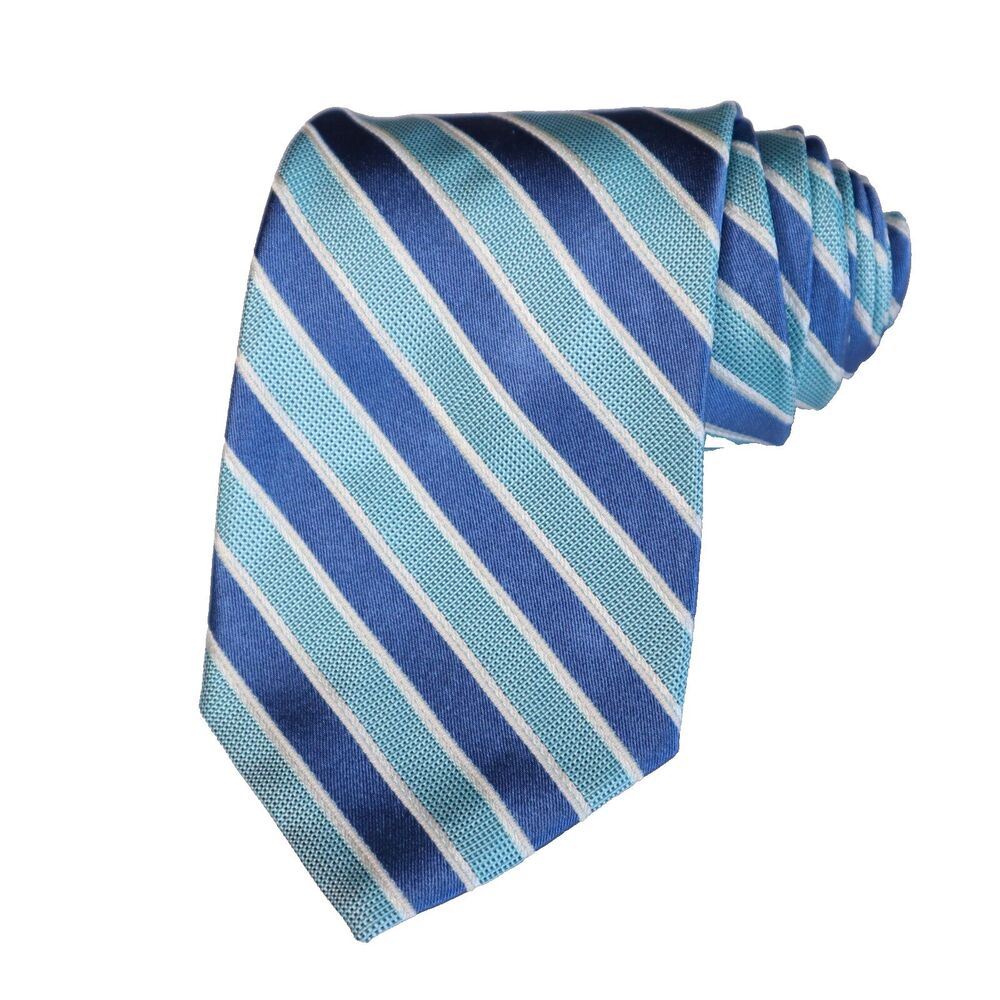 Paul Stuart Men's 100% Silk Designer Blue Striped Repp Necktie Made in Italy
